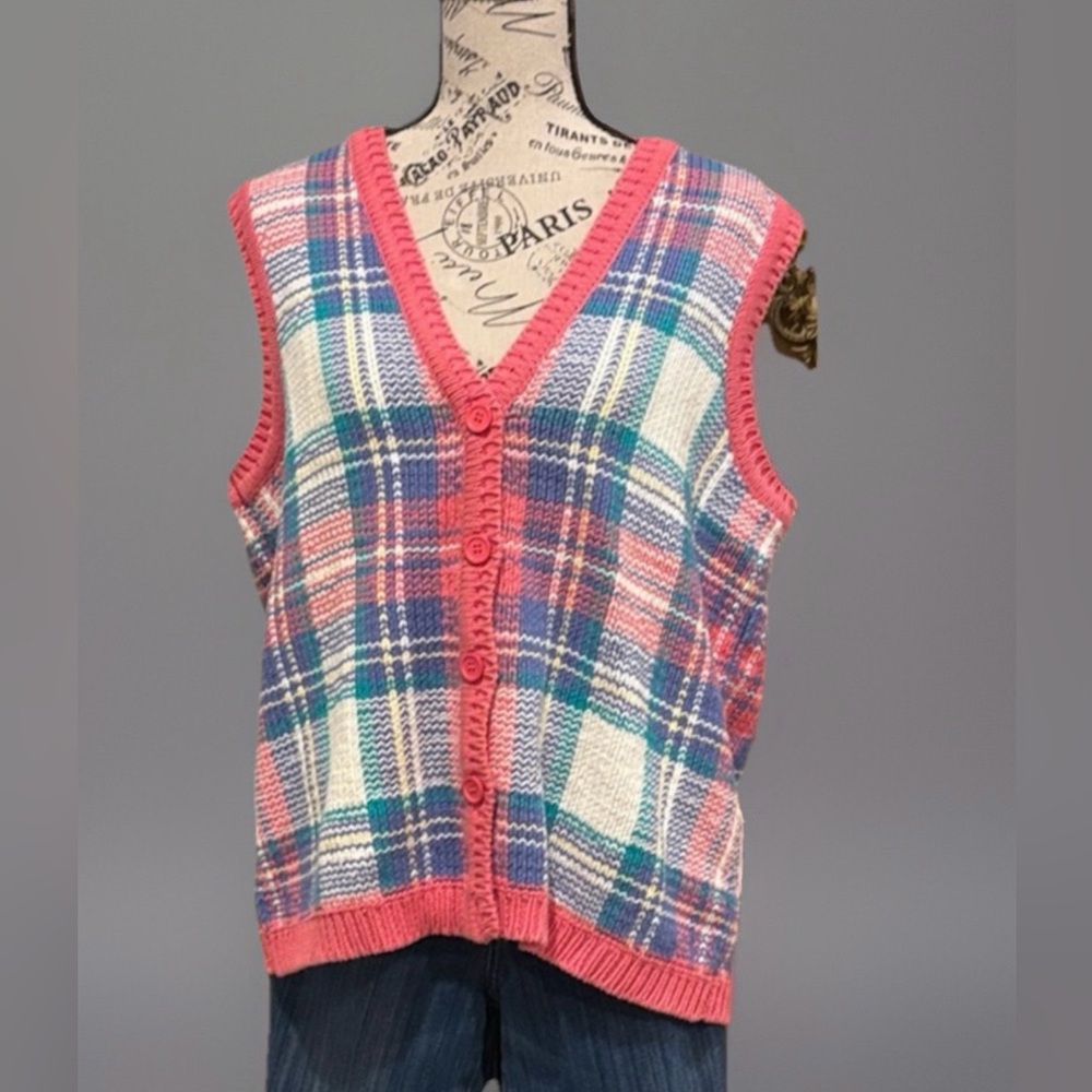 NORTHERN REFLECTIONS vintage Colorful Plaid button down Knit Vest Sz. M